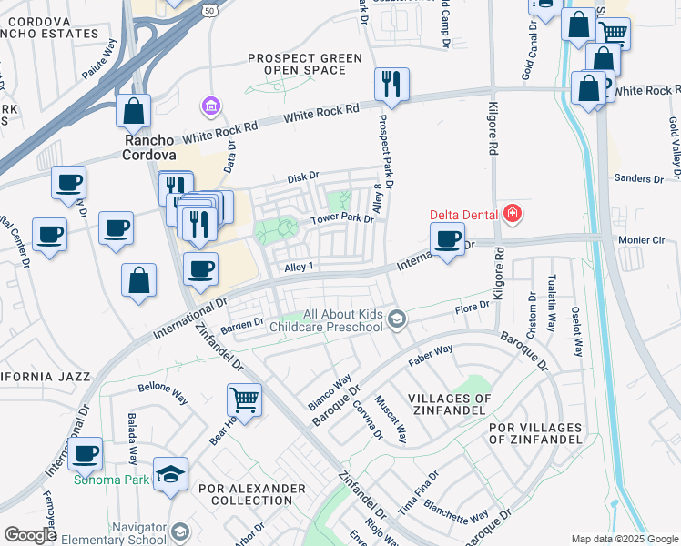 map of restaurants, bars, coffee shops, grocery stores, and more near 10799 International Drive in Rancho Cordova