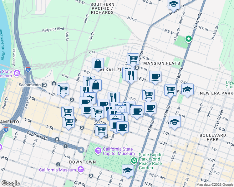 map of restaurants, bars, coffee shops, grocery stores, and more near G Street & 11th Street in Sacramento