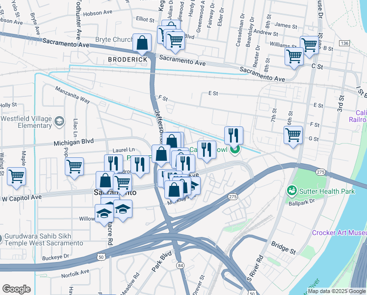 map of restaurants, bars, coffee shops, grocery stores, and more near 1050 West Capitol Avenue in West Sacramento
