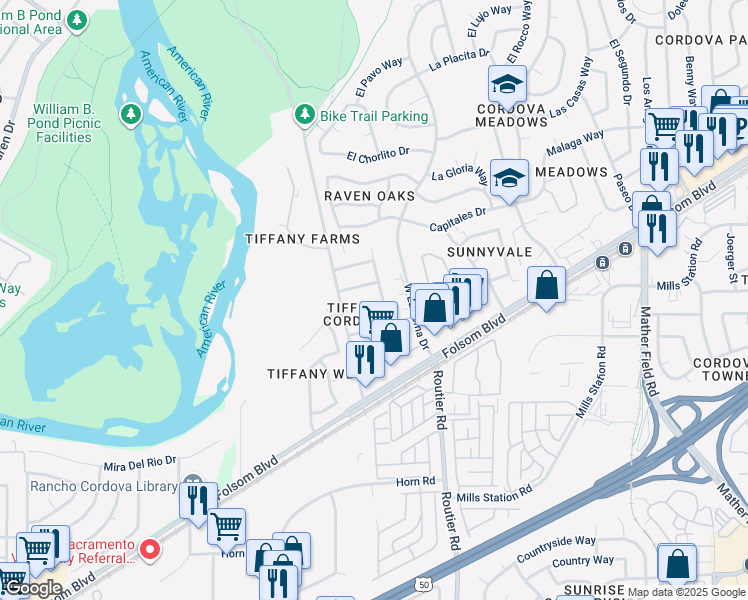 map of restaurants, bars, coffee shops, grocery stores, and more near 10025 Cordova Glen Court in Sacramento