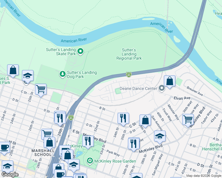 map of restaurants, bars, coffee shops, grocery stores, and more near 3227 McKinley Village Way in Sacramento