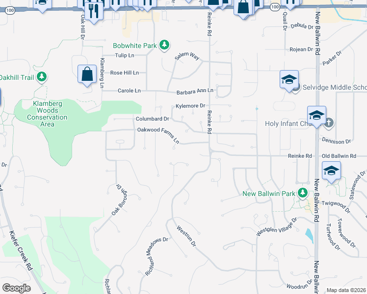 map of restaurants, bars, coffee shops, grocery stores, and more near 204 Oakwood Farms Court in Ballwin