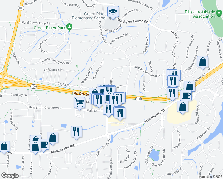 map of restaurants, bars, coffee shops, grocery stores, and more near 16526 Rain Forest Drive in Ballwin