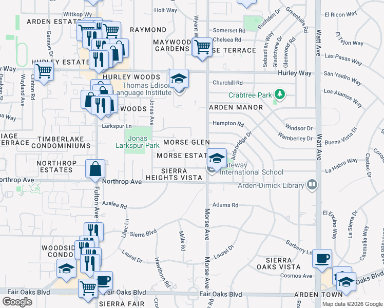 map of restaurants, bars, coffee shops, grocery stores, and more near Sienna Lane in Sacramento