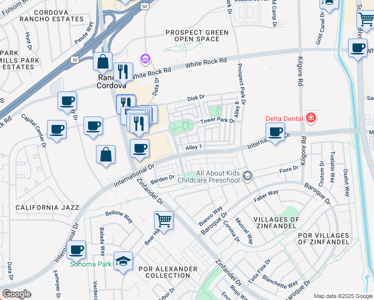 map of restaurants, bars, coffee shops, grocery stores, and more near 11011 International Drive in Rancho Cordova