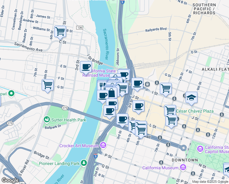 map of restaurants, bars, coffee shops, grocery stores, and more near 1001 Front Street in Sacramento