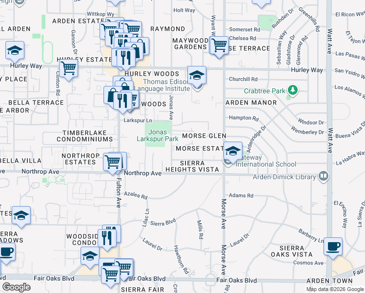 map of restaurants, bars, coffee shops, grocery stores, and more near Sevilla Lane in Sacramento