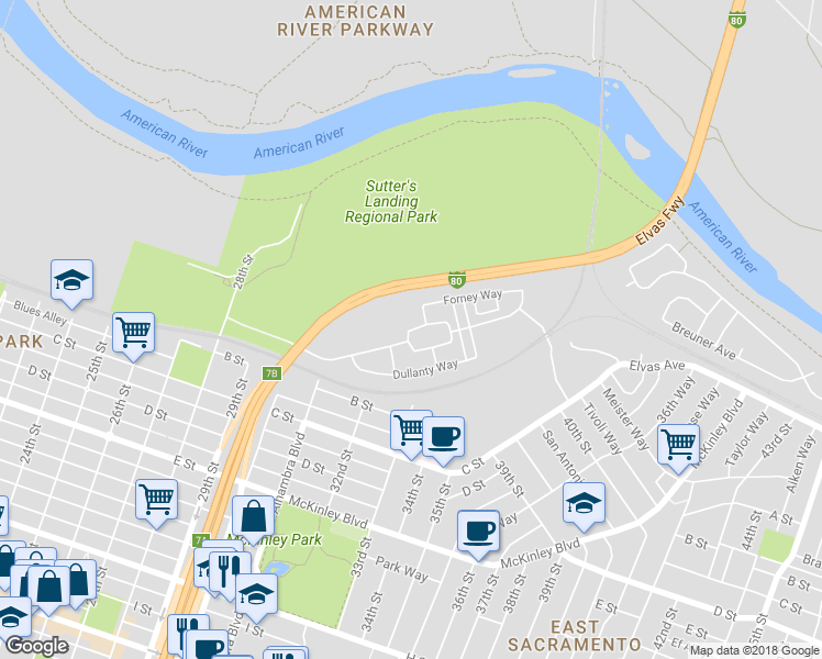 map of restaurants, bars, coffee shops, grocery stores, and more near 3227 McKinley Village Way in Sacramento