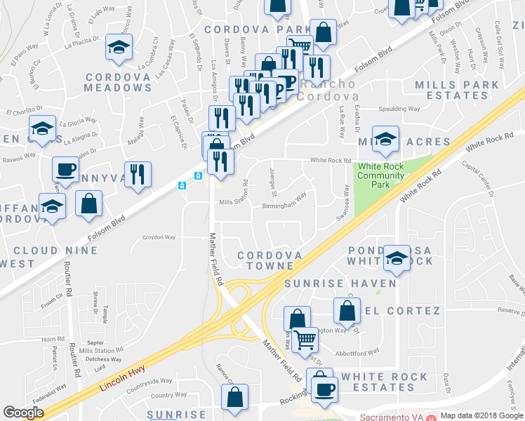 map of restaurants, bars, coffee shops, grocery stores, and more near 2958 Winchester Way in Rancho Cordova