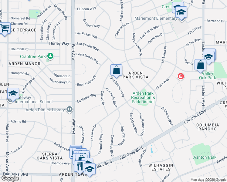 map of restaurants, bars, coffee shops, grocery stores, and more near 960 Coronado Boulevard in Sacramento