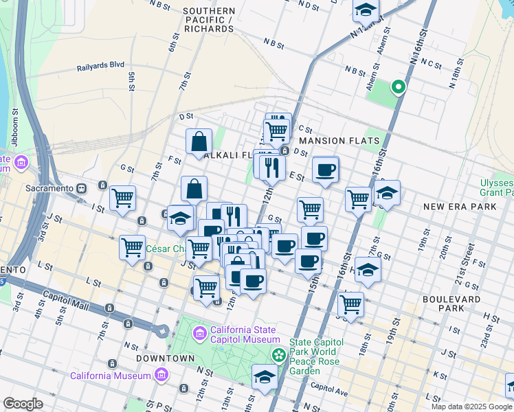map of restaurants, bars, coffee shops, grocery stores, and more near 701 Lincoln Highway in Sacramento