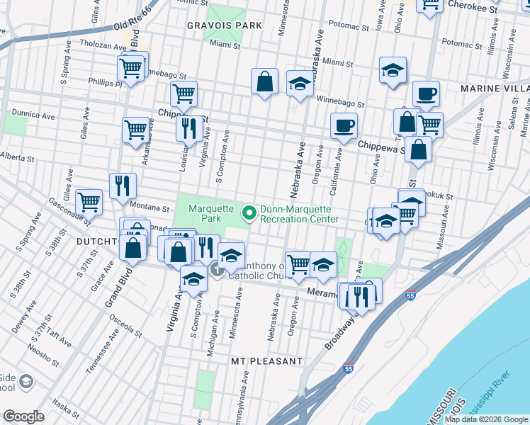 map of restaurants, bars, coffee shops, grocery stores, and more near 4016 Pennsylvania Avenue in St. Louis