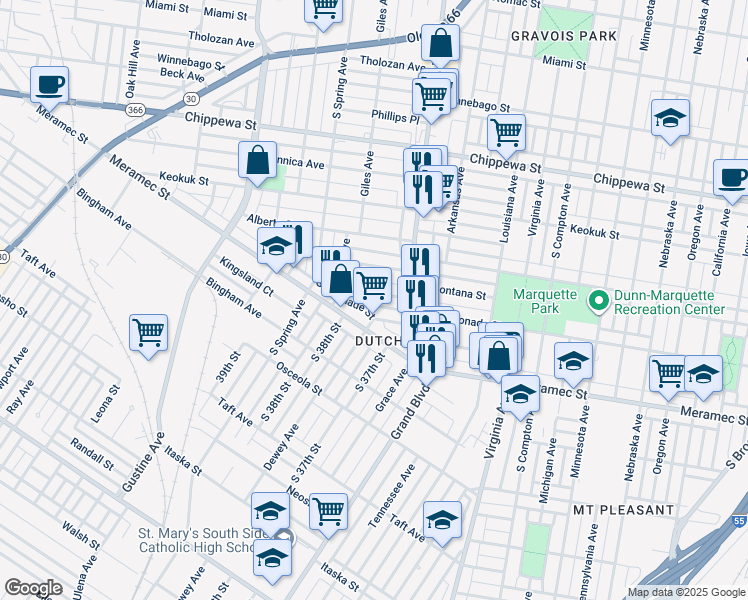 map of restaurants, bars, coffee shops, grocery stores, and more near 3643 Gasconade Street in St. Louis