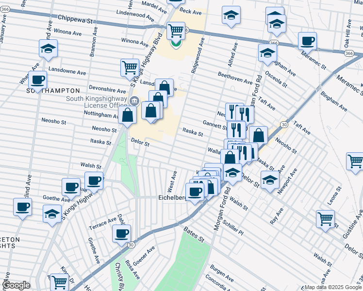 map of restaurants, bars, coffee shops, grocery stores, and more near 4449 Delor Street in St. Louis
