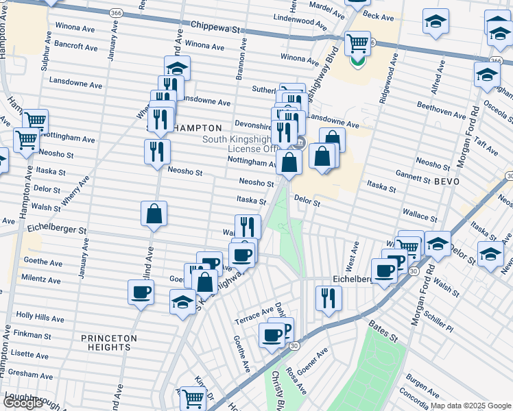 map of restaurants, bars, coffee shops, grocery stores, and more near 4925 Delor Street in St. Louis