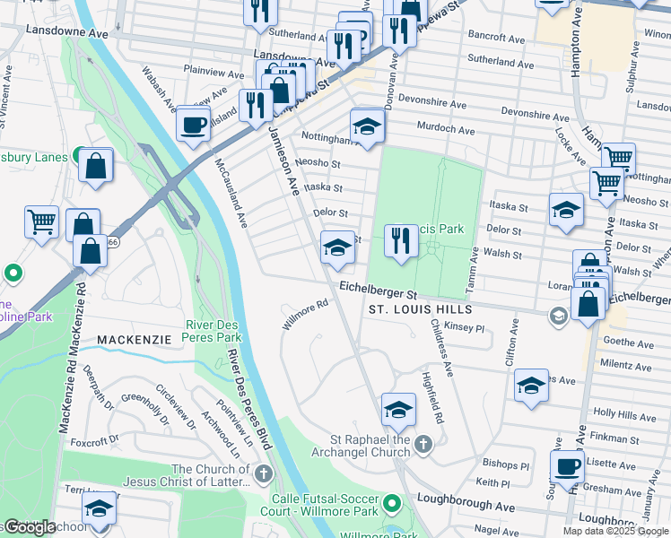map of restaurants, bars, coffee shops, grocery stores, and more near 6535 Eichelberger Street in St. Louis