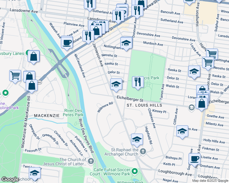 map of restaurants, bars, coffee shops, grocery stores, and more near 6535 Eichelberger Street in St. Louis