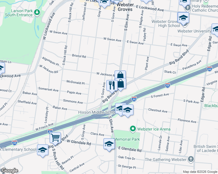 map of restaurants, bars, coffee shops, grocery stores, and more near 447 Alma Avenue in Webster Groves