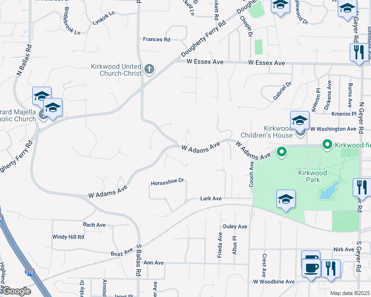 map of restaurants, bars, coffee shops, grocery stores, and more near 1398 West Adams Avenue in Kirkwood