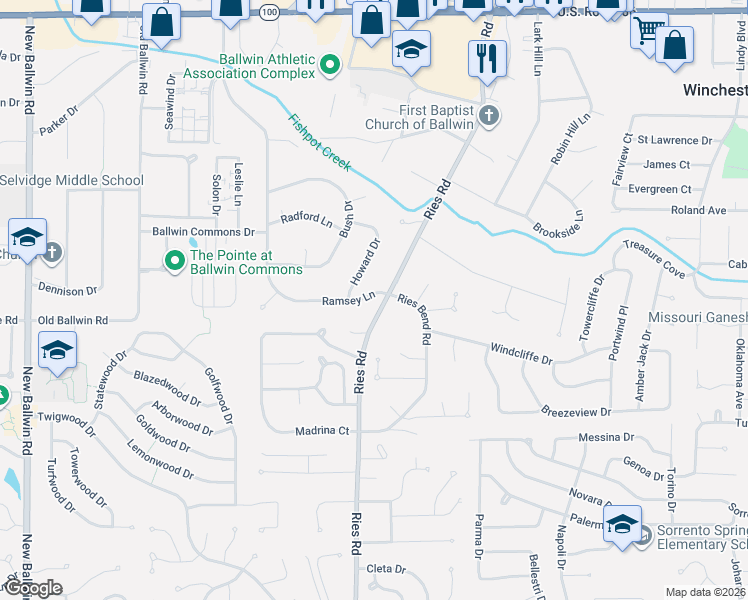map of restaurants, bars, coffee shops, grocery stores, and more near 281 Ramsey Lane in Ballwin