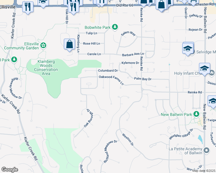 map of restaurants, bars, coffee shops, grocery stores, and more near 230 Jacob Lane in Ballwin