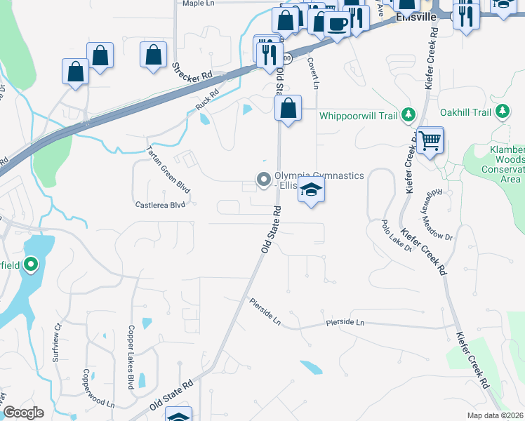 map of restaurants, bars, coffee shops, grocery stores, and more near 16126 Amber Vista Drive in Ballwin