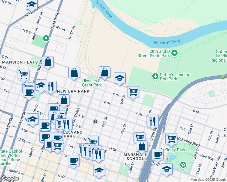 map of restaurants, bars, coffee shops, grocery stores, and more near 2331 C Street in Sacramento