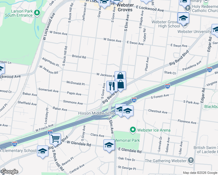 map of restaurants, bars, coffee shops, grocery stores, and more near 447 Alma Avenue in Webster Groves