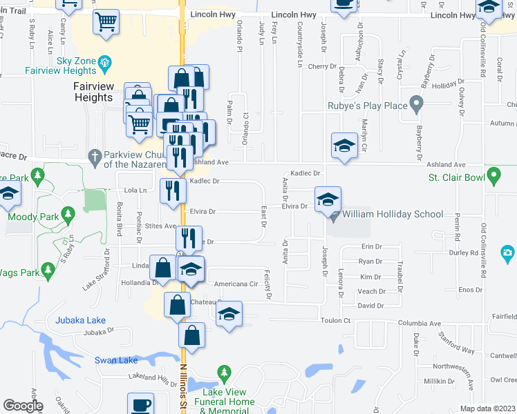 map of restaurants, bars, coffee shops, grocery stores, and more near 31 Elvira Drive in Fairview Heights