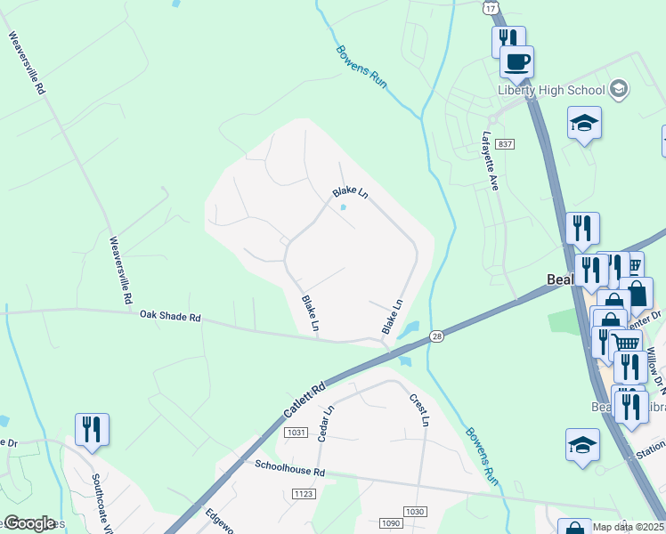 map of restaurants, bars, coffee shops, grocery stores, and more near 6720 Huntland Drive in Bealeton