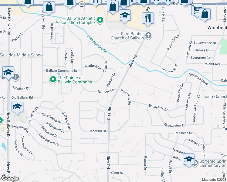 map of restaurants, bars, coffee shops, grocery stores, and more near 281 Ramsey Lane in Ballwin