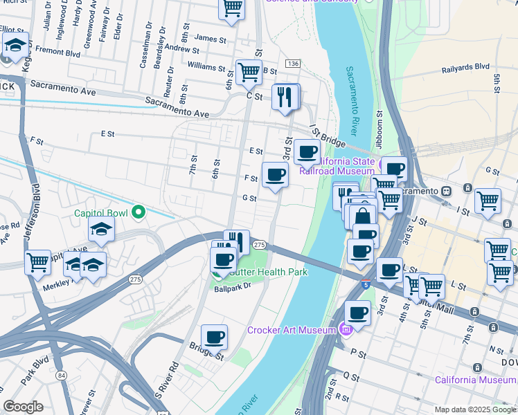 map of restaurants, bars, coffee shops, grocery stores, and more near 713 5th Street in West Sacramento