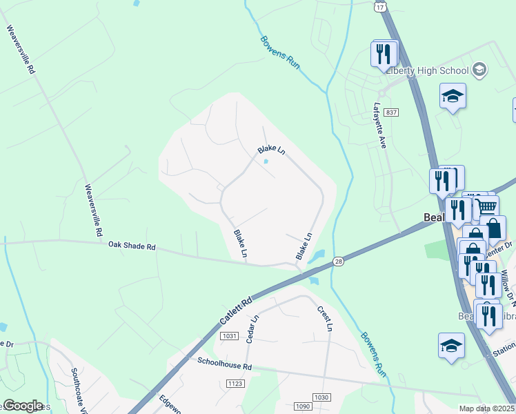 map of restaurants, bars, coffee shops, grocery stores, and more near 6720 Huntland Drive in Bealeton