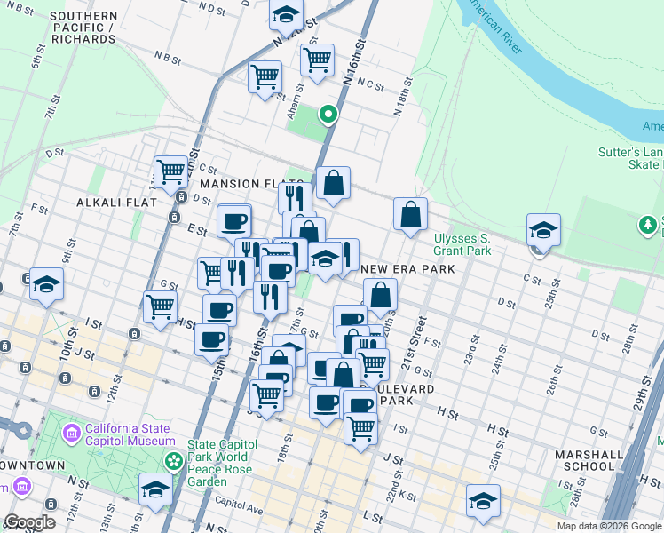 map of restaurants, bars, coffee shops, grocery stores, and more near 1717 E Street in Sacramento