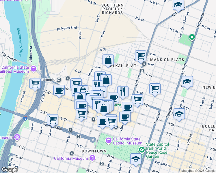 map of restaurants, bars, coffee shops, grocery stores, and more near in Sacramento
