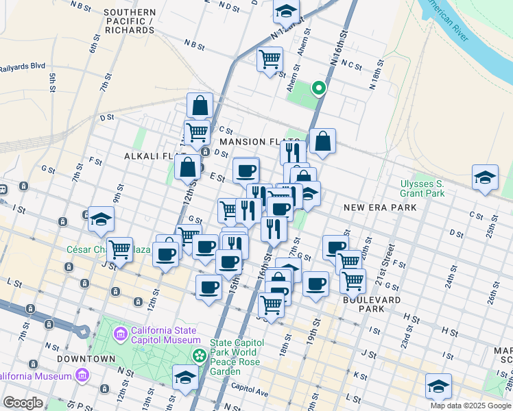 map of restaurants, bars, coffee shops, grocery stores, and more near 1423 F Street in Sacramento
