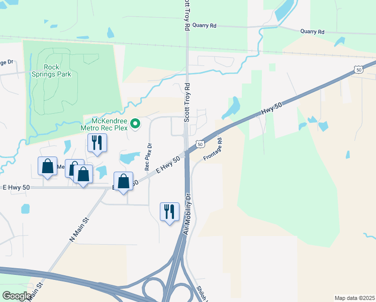 map of restaurants, bars, coffee shops, grocery stores, and more near 1715 U.S. 50 in Lebanon