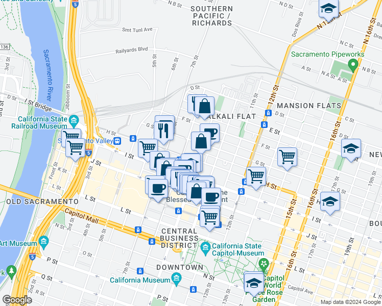 map of restaurants, bars, coffee shops, grocery stores, and more near 651 8th Street in Sacramento