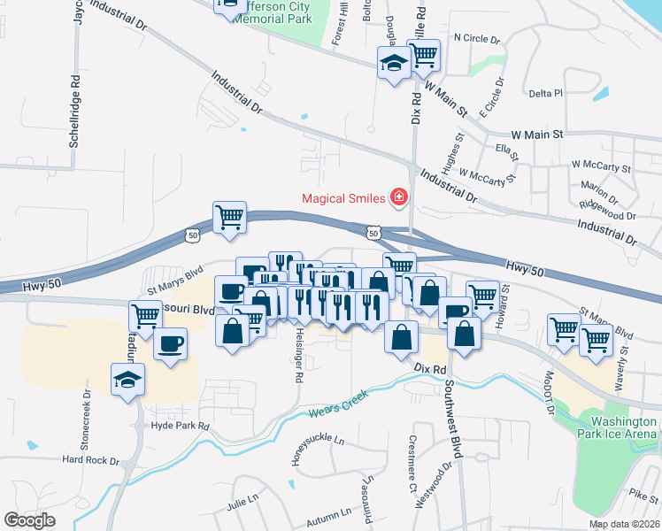 map of restaurants, bars, coffee shops, grocery stores, and more near 2111 Dalton Drive in Jefferson City