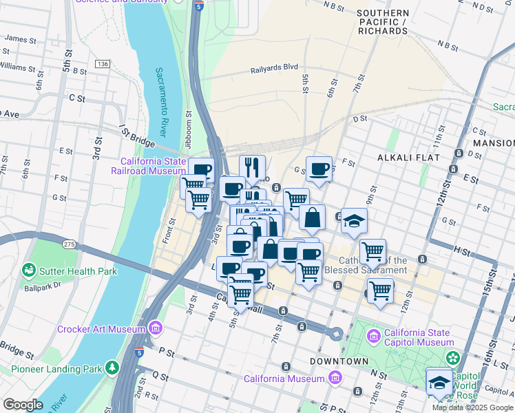 map of restaurants, bars, coffee shops, grocery stores, and more near 432 I Street in Sacramento
