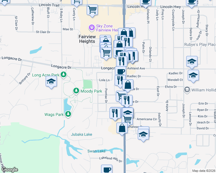 map of restaurants, bars, coffee shops, grocery stores, and more near 5602 Pontiac Drive in Fairview Heights