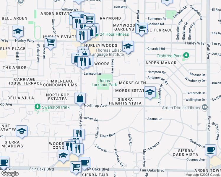 map of restaurants, bars, coffee shops, grocery stores, and more near 990 Jonas Avenue in Sacramento