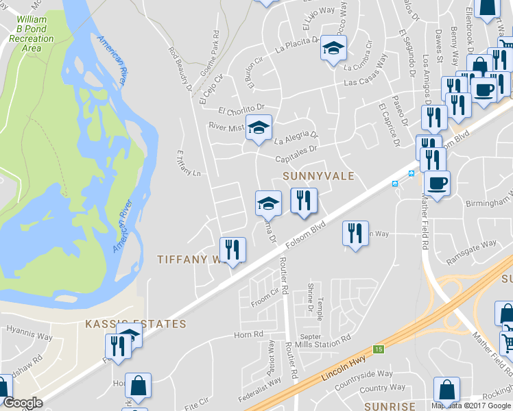 map of restaurants, bars, coffee shops, grocery stores, and more near 4 Terra Loma Drive in Rancho Cordova