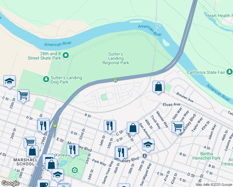 map of restaurants, bars, coffee shops, grocery stores, and more near 17 Fonseca Street in Sacramento