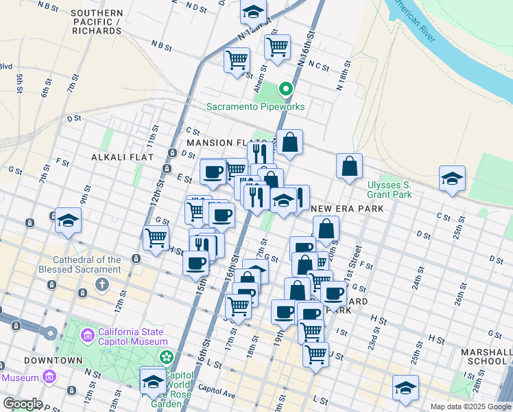 map of restaurants, bars, coffee shops, grocery stores, and more near 1616 E Street in Sacramento