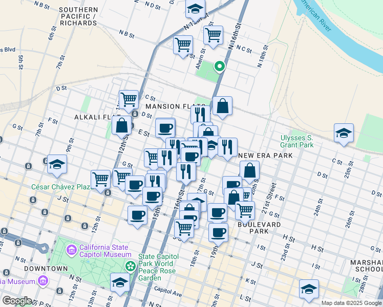 map of restaurants, bars, coffee shops, grocery stores, and more near 526 16th Street in Sacramento