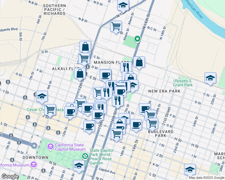 map of restaurants, bars, coffee shops, grocery stores, and more near 1423 F Street in Sacramento