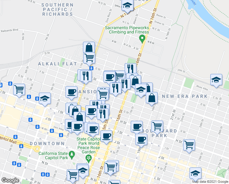 map of restaurants, bars, coffee shops, grocery stores, and more near in Sacramento