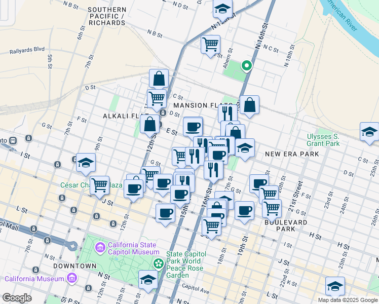 map of restaurants, bars, coffee shops, grocery stores, and more near 1423 F Street in Sacramento