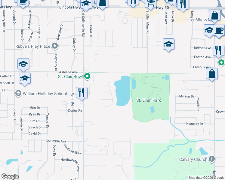map of restaurants, bars, coffee shops, grocery stores, and more near 131 Remington Court in Fairview Heights